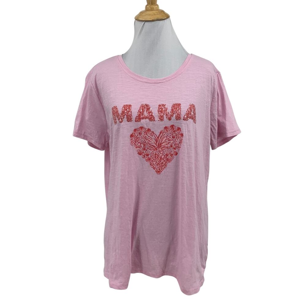 Stella Parker Shirt Womens L Large Baby Pink Sequins Mama Heart Short Sleeve Tee